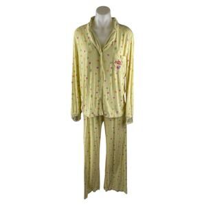 Fruit Riot Women's Yellow Ribbed Knit Long Sleeve Sleepwear Pajama Set Size S